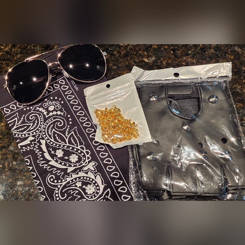 80s Rock Costume Set, Motorcycle Gloves, Chain, Bandana & Sunglasses